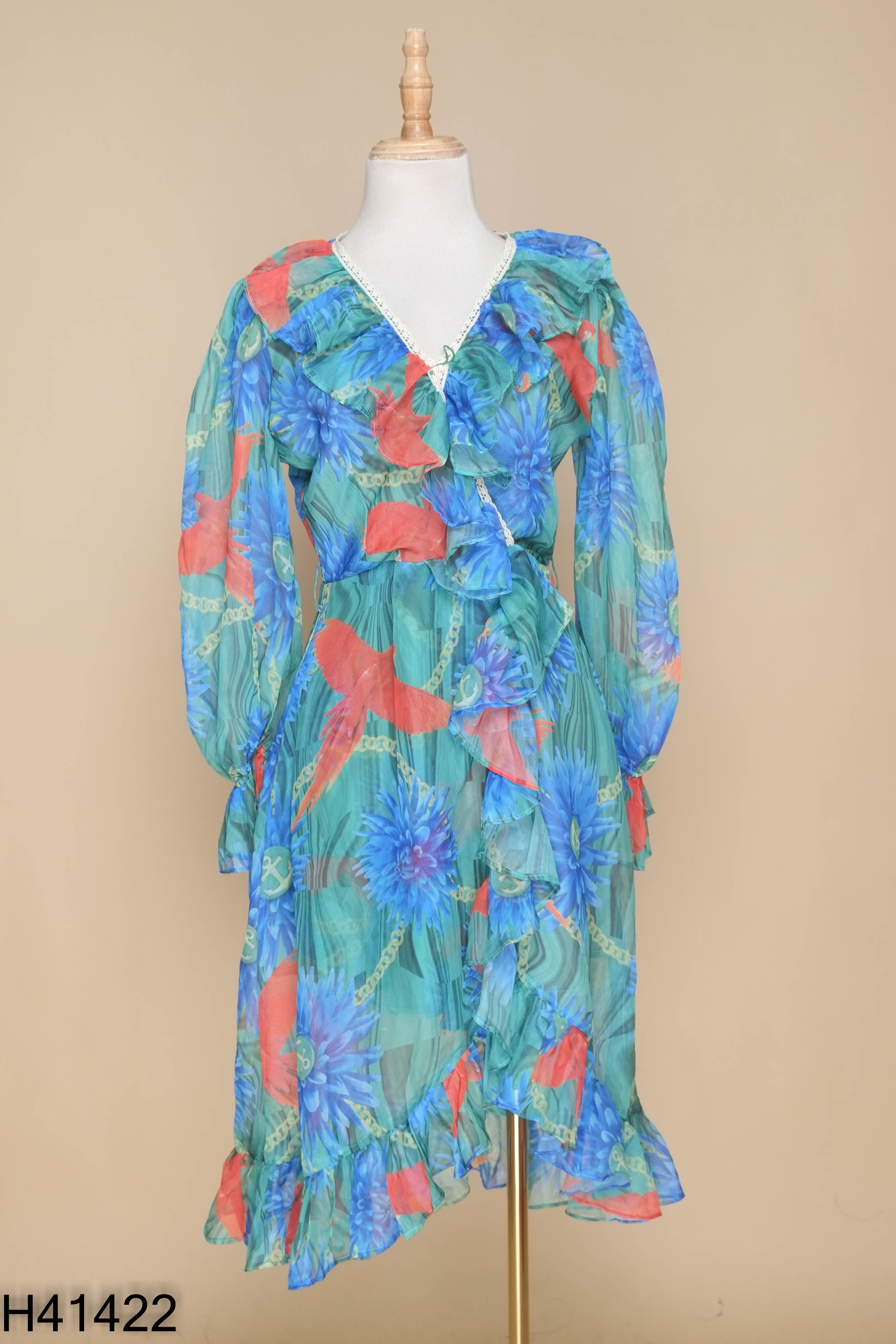 Váy xanh C DRESS bèo tay dài