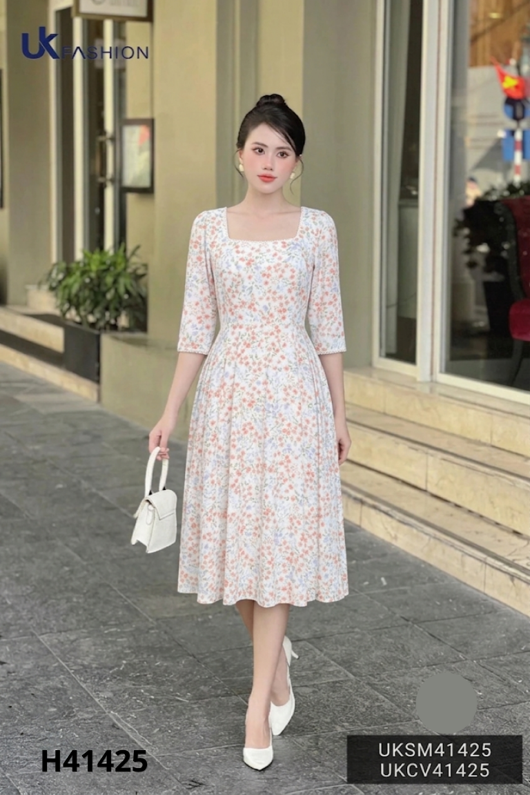 Váy dài be hoa tay lửng XUÂN DESIGN