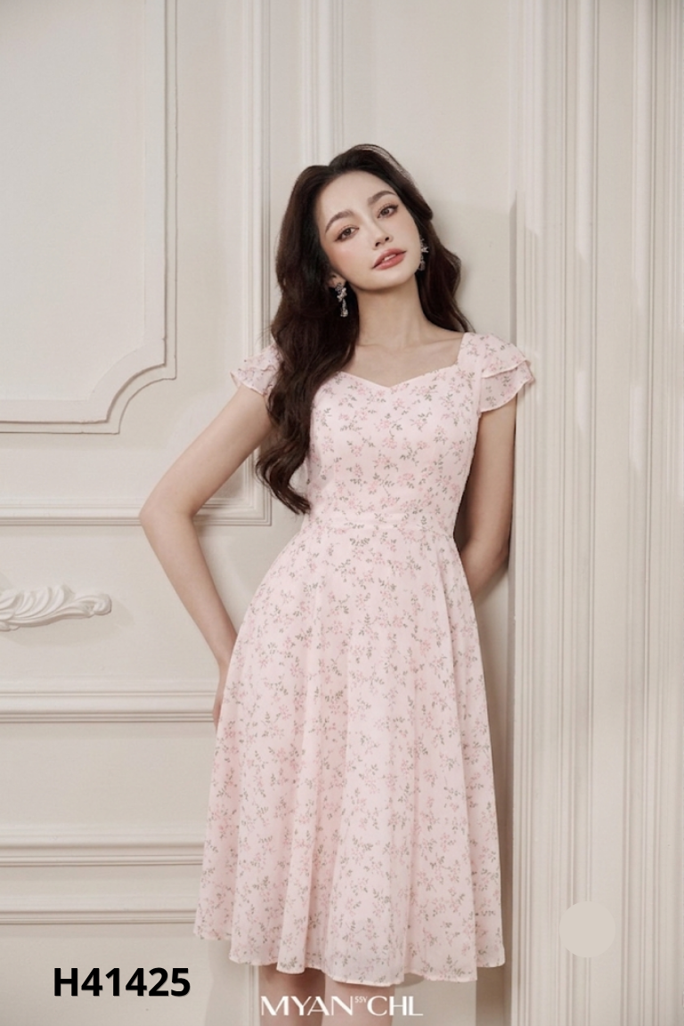 NEWTAG PASTEL váy hồng hoa buộc eo