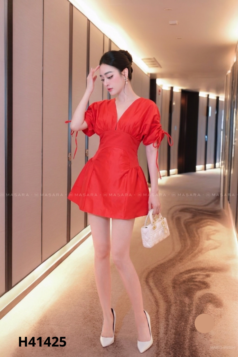 NEWTAG váy đỏ tay buộc nơ