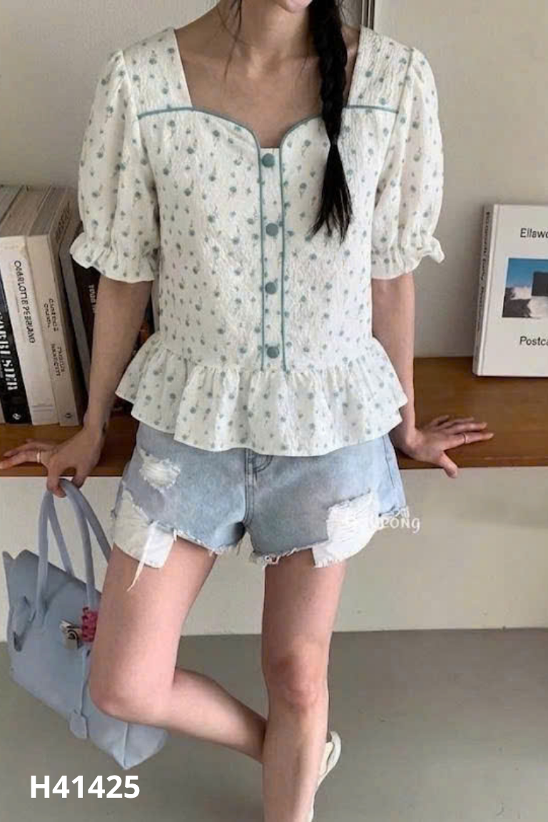Áo kiểu be hoa nhí xanh