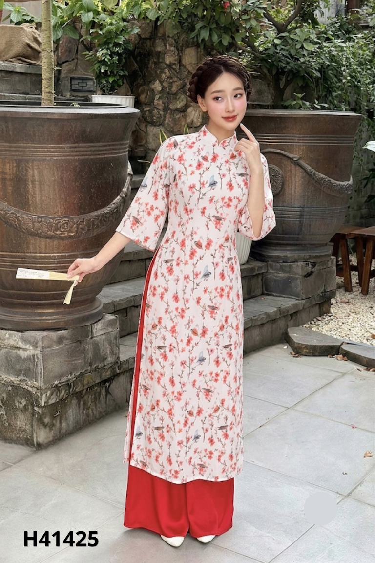 Áo dài hồng hoa đỏ