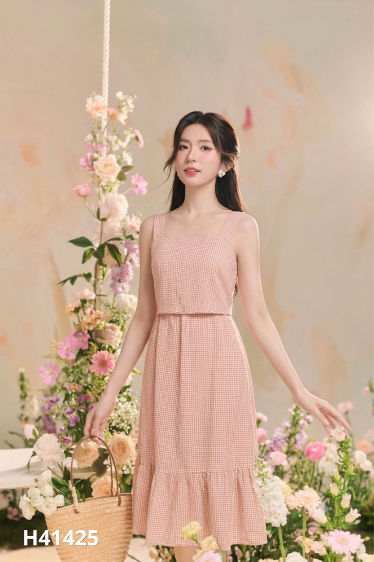 Váy cam kẻ ô buộc lưng