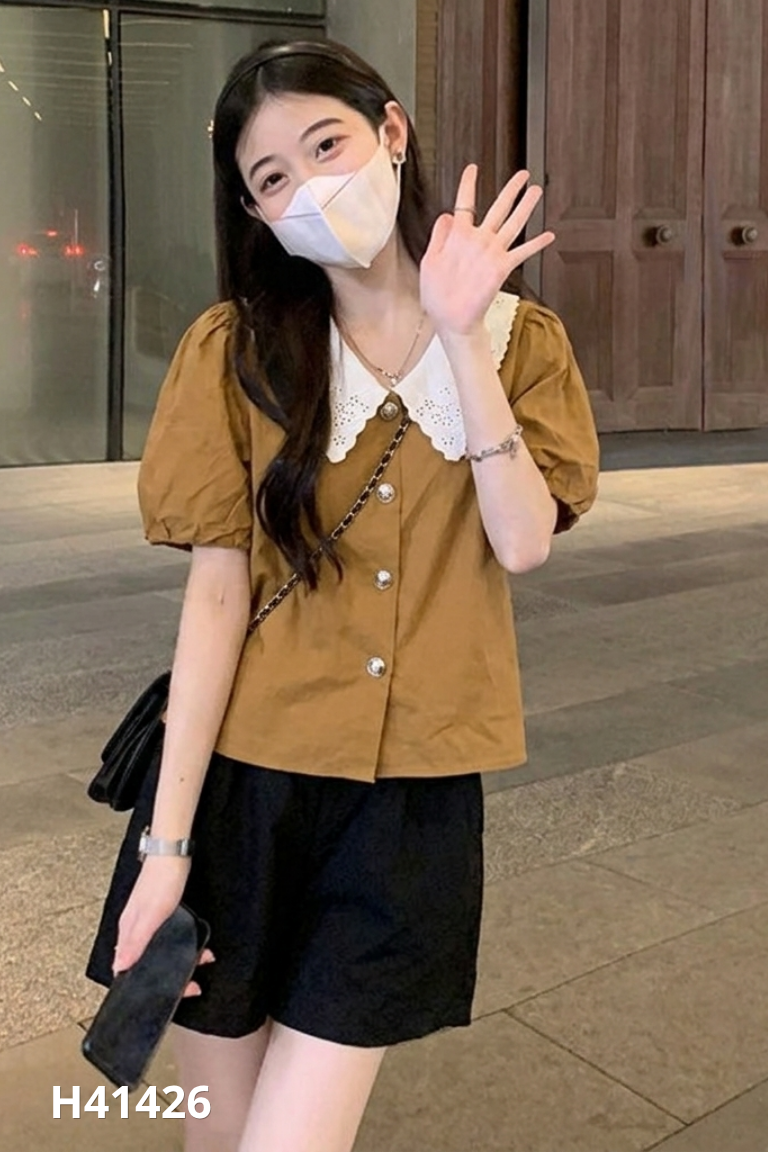 Set bộ nâu cổ ren+quần đen TS