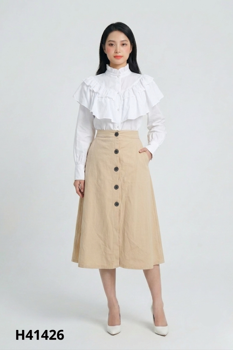Set sơ mi trắng+váy kaki be
