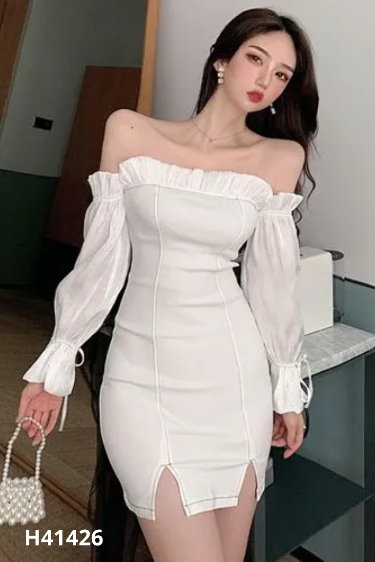 NEWTAG váy trắng chỉ đen dài tay