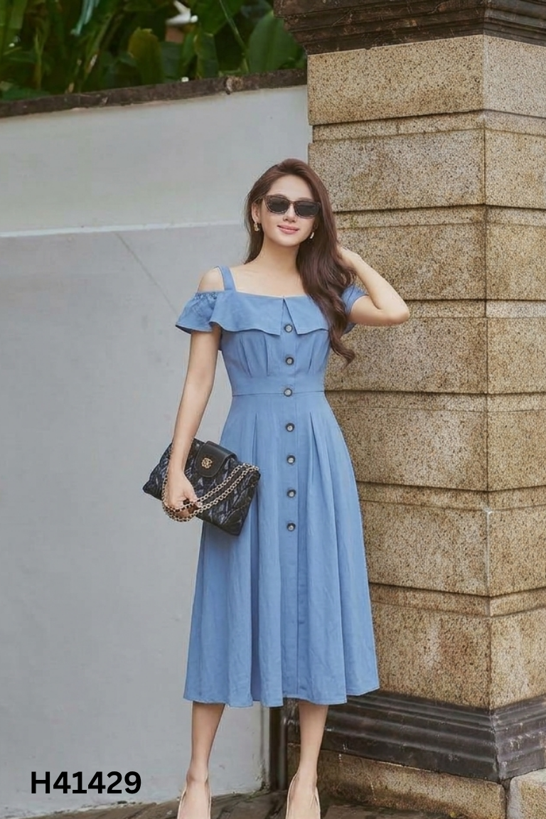 Váy xanh trễ vai cúc ngọc