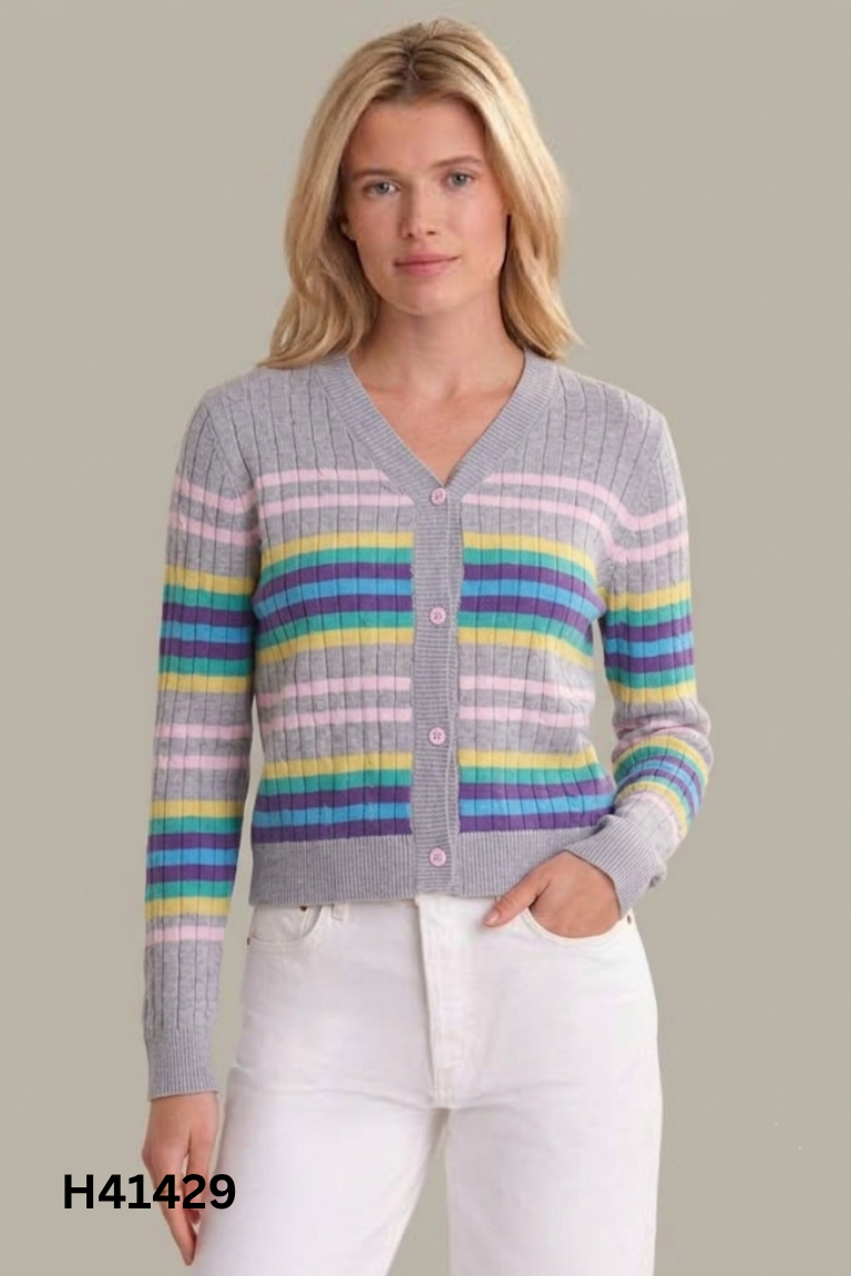 Áo cardigan len ghi kẻ cúc hồng