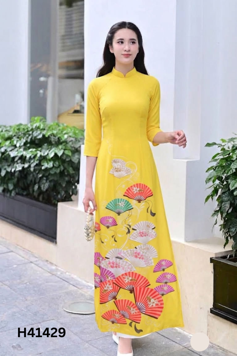 Set áo dài vàng hoa+quần vàng