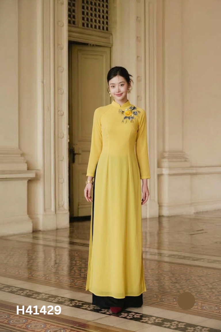 Set áo dài vàng NGÂN AN+quần đen