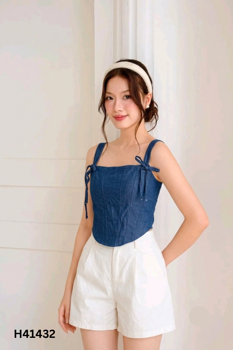 Set áo croptop jean xanh + Quần short be