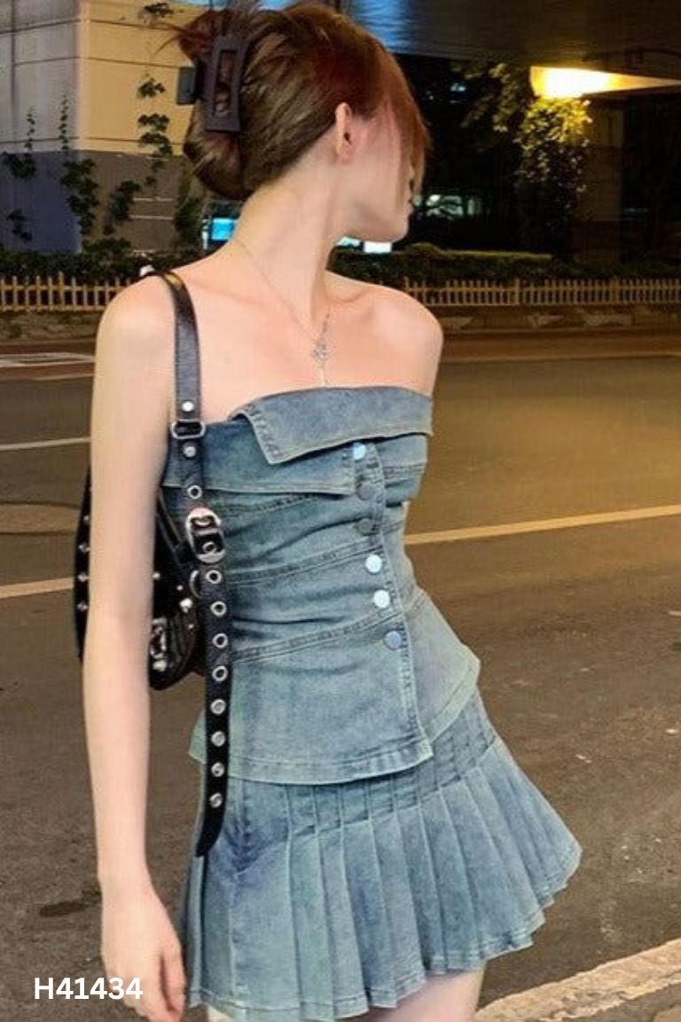 Set jeans xanh quây+váy xếp li