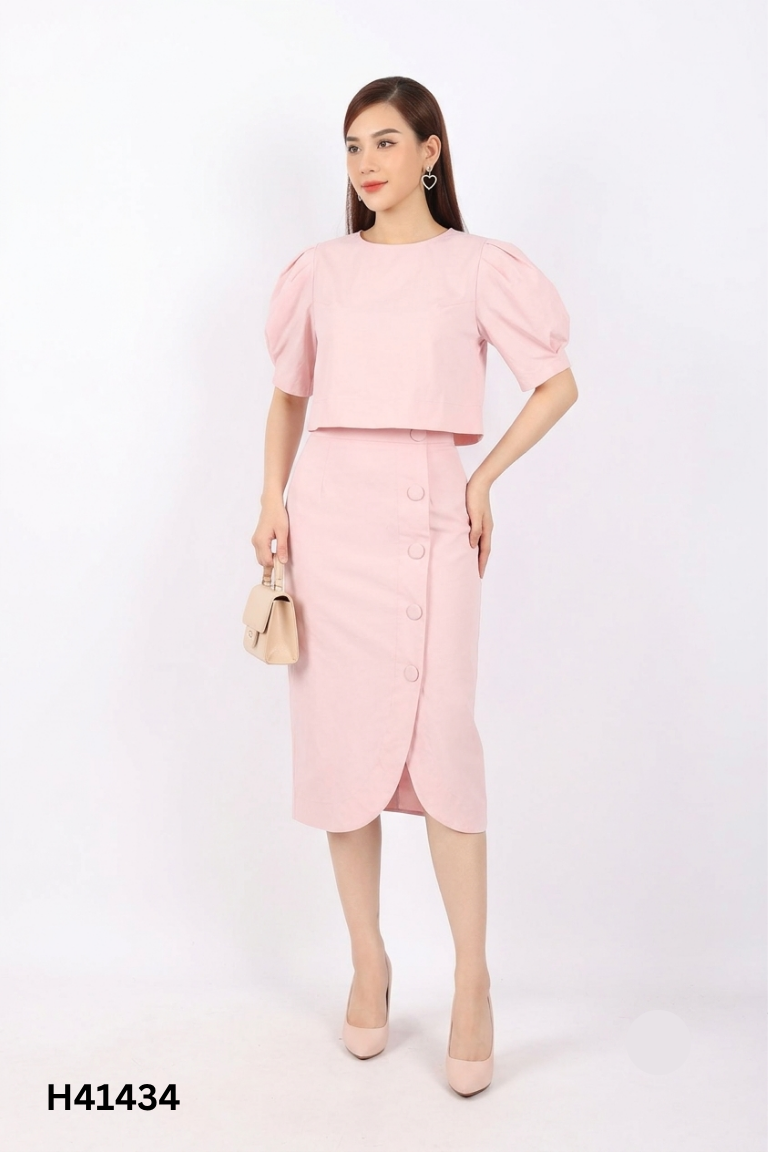Set hồng áo crotop+váy