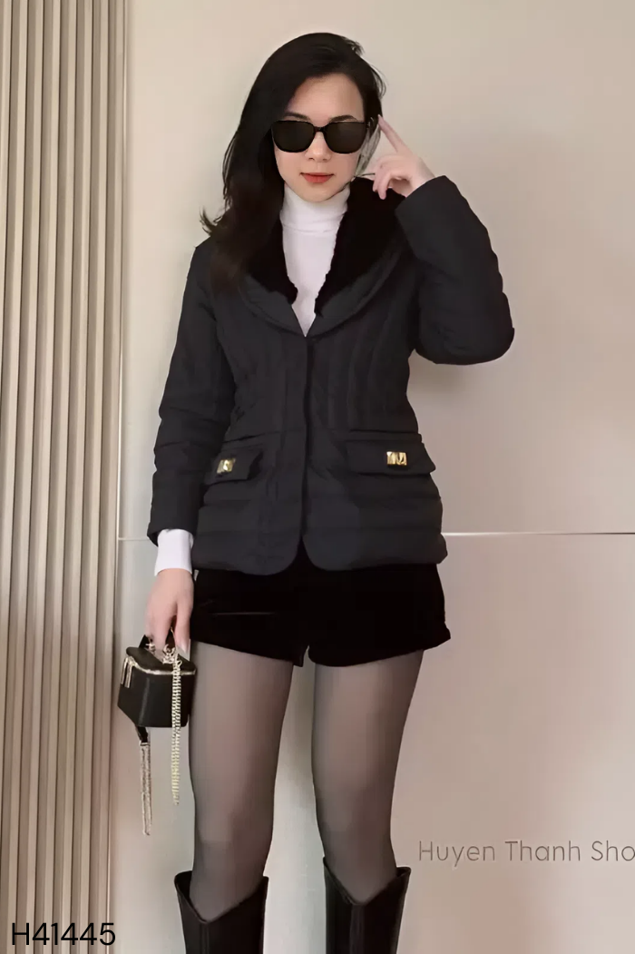 Áo phao đen phối lông mịn