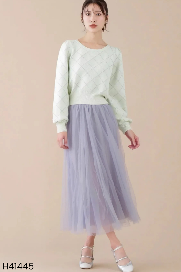 Chân váy xanh xếp ly phối lưới