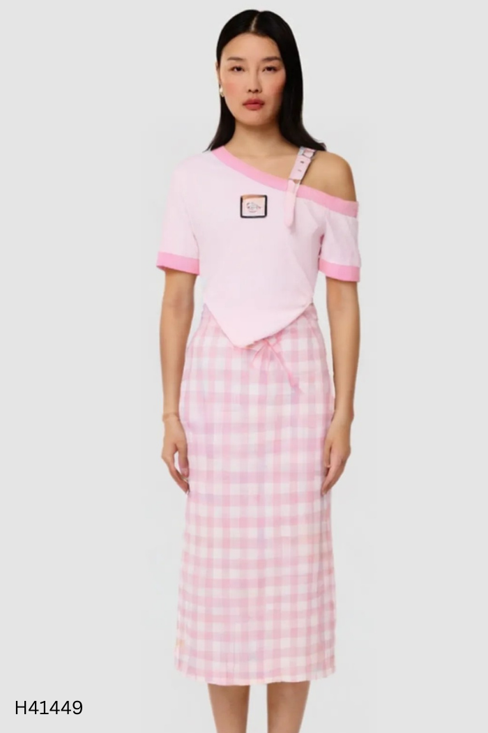 Set áo croptop + chân váy hồng caro