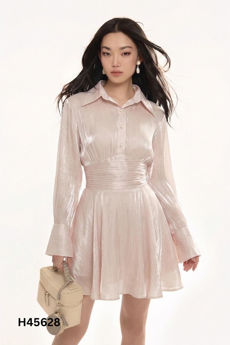 Váy organza LONG NG be cổ sơ mi