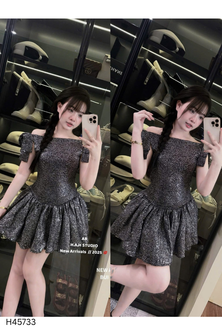 NEWTAG HA HUONG STU váy đen đính hạt nhỏ