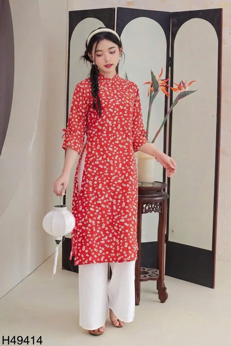 Set Áo dài đỏ LOLLIE hoa nhung tăm + quần be