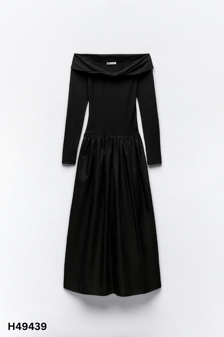 Váy trễ vai đen ZARA trơn dài