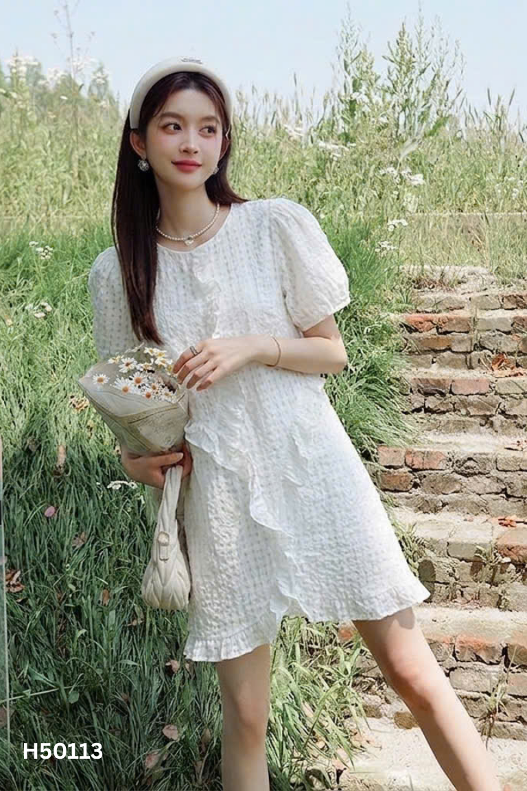 Váy đũi trắng phối bèo