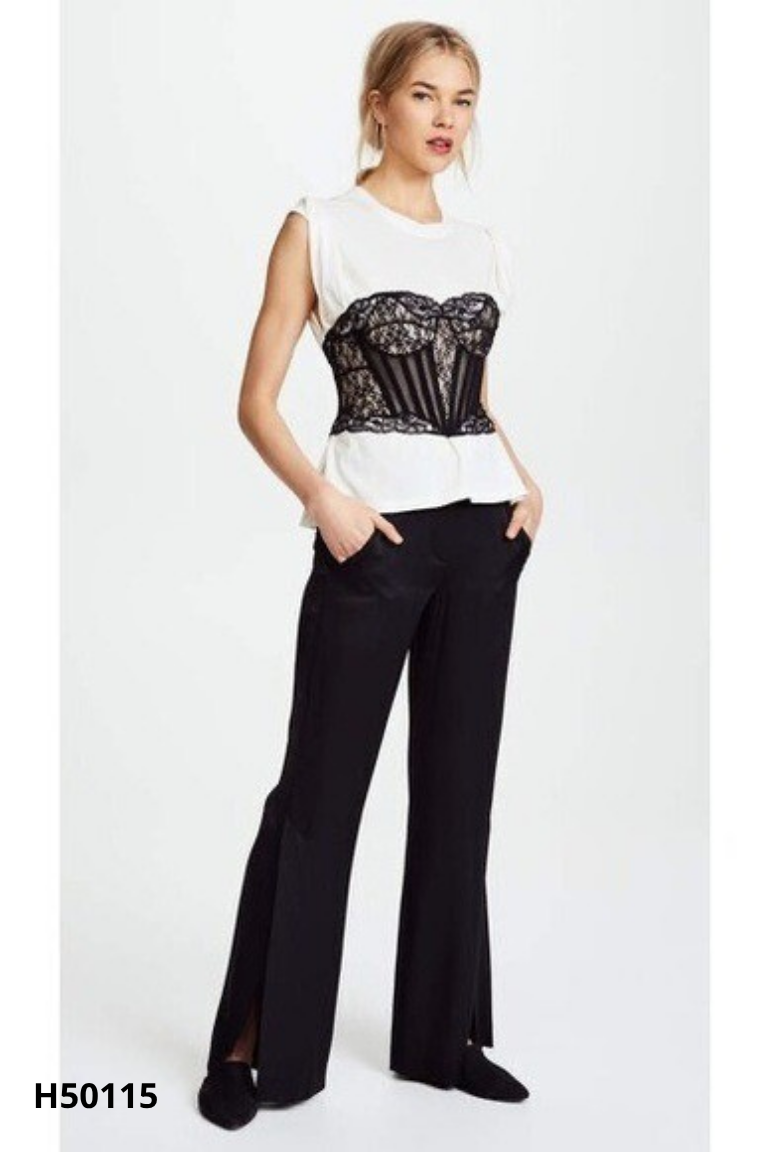 Áo be phối corset ren đen