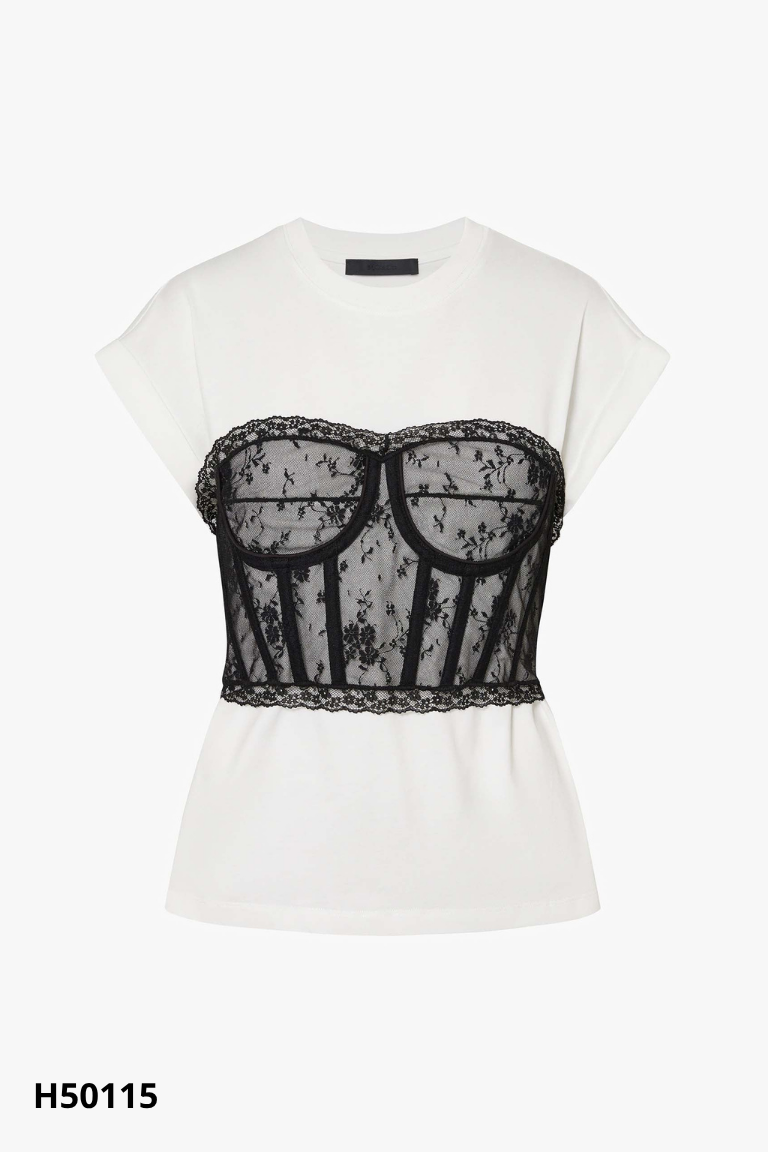 Áo be phối corset ren đen