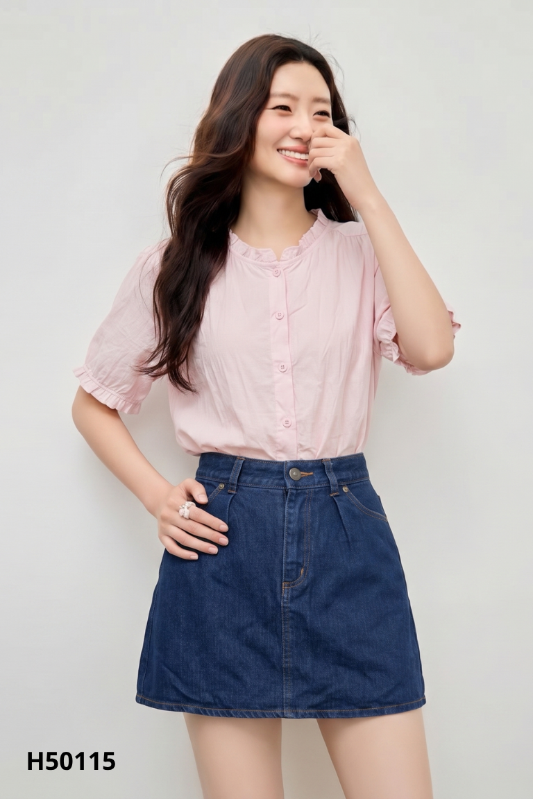 Set Áo hồng + chân váy jeans xanh