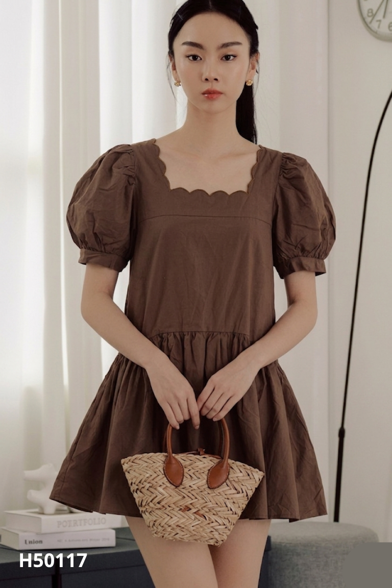 Váy babydoll nâu trơn phối tay phồng