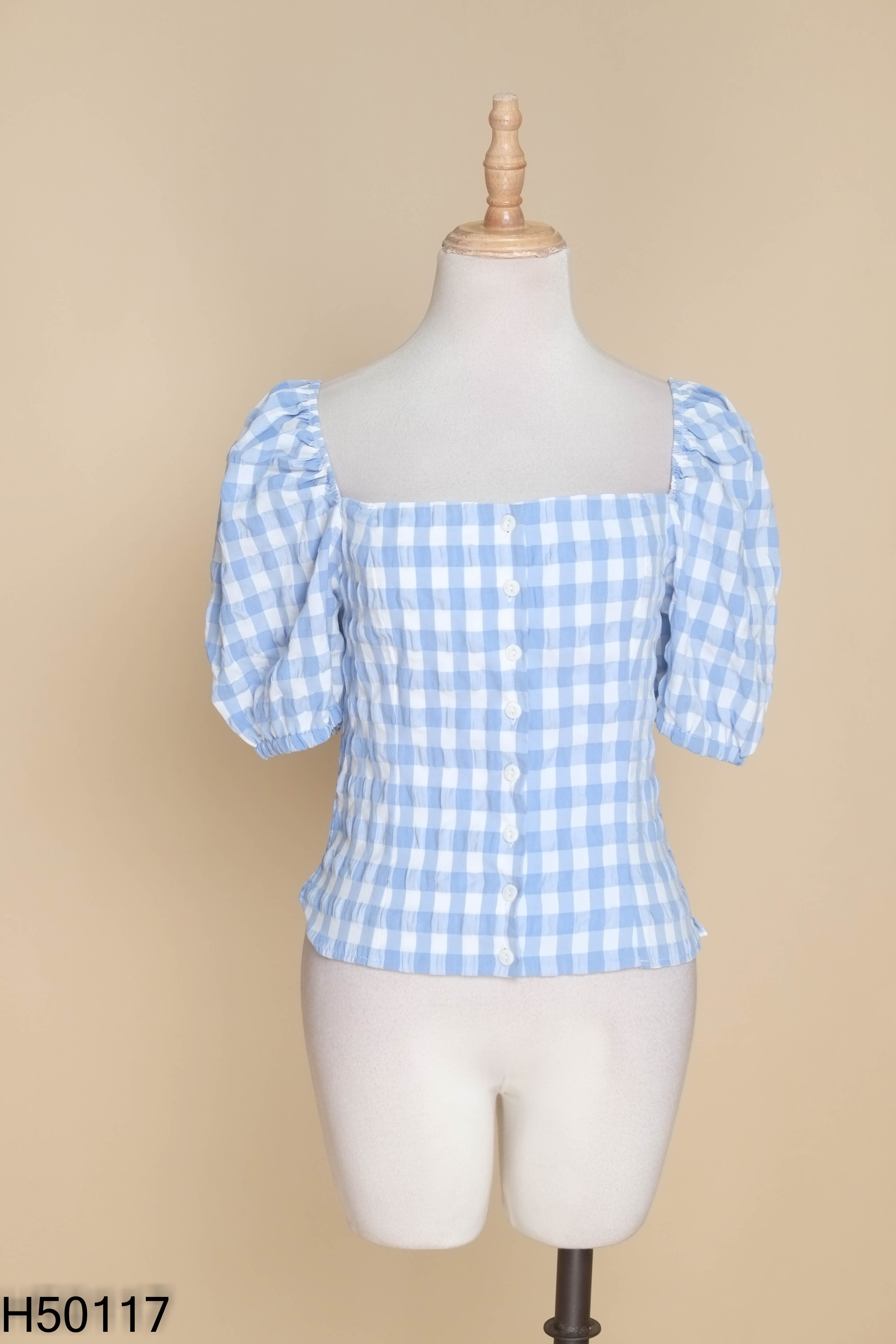 Áo xanh trắng caro cổ vuông nhún lưng