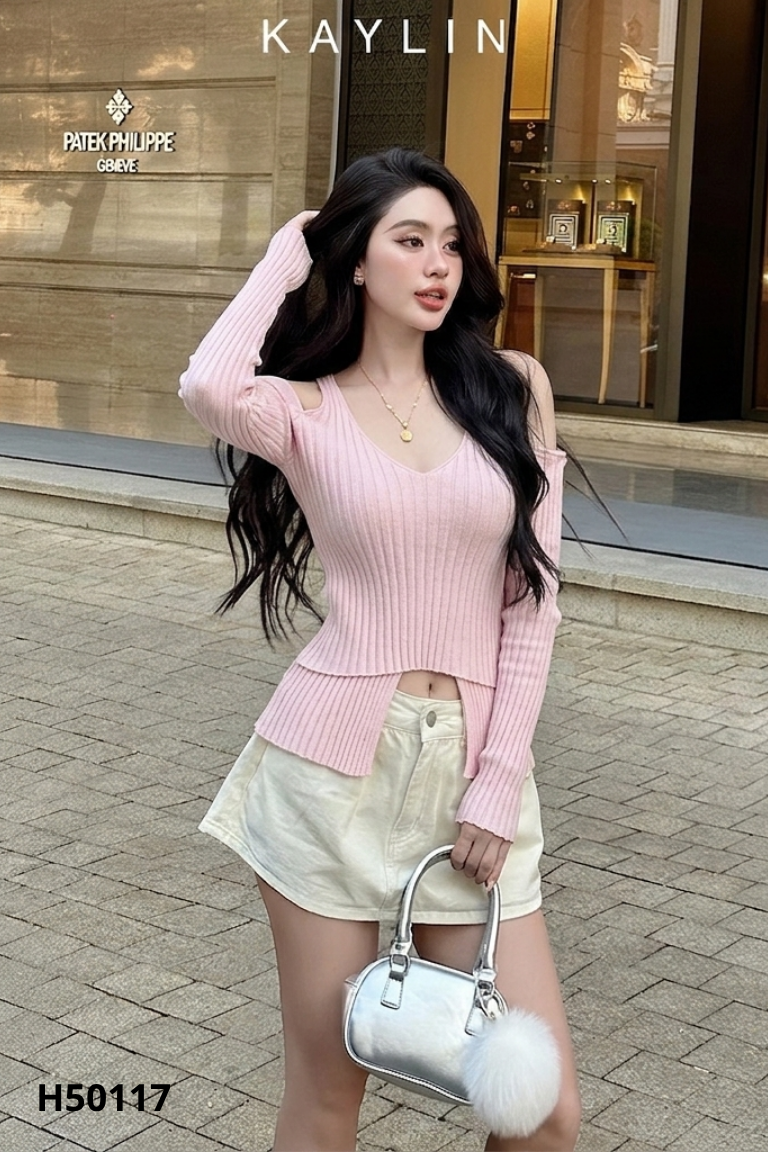 Áo len hồng phố ngực cổ tim