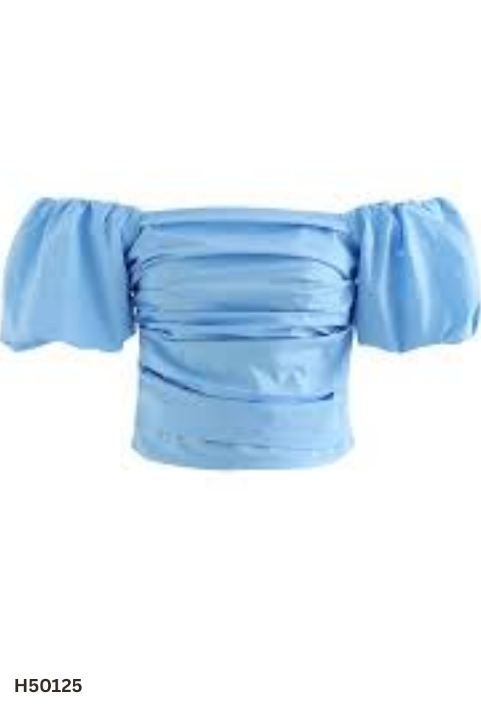 Áo xanh trễ vai tay bồng phối ly