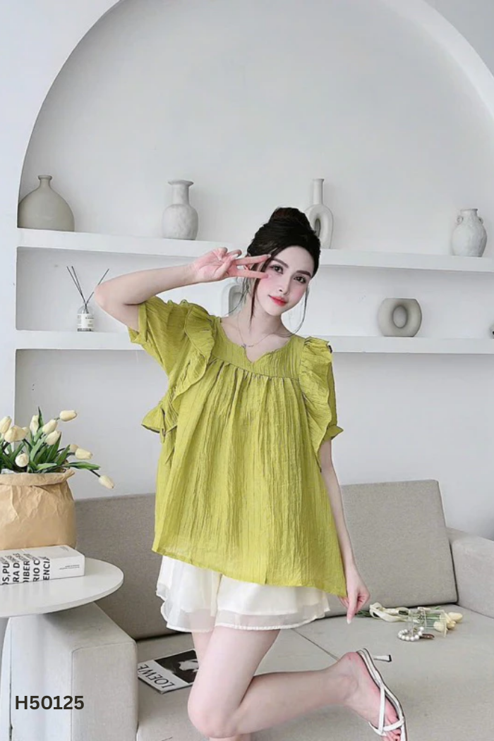 Áo babydoll xanh chuối phối voan