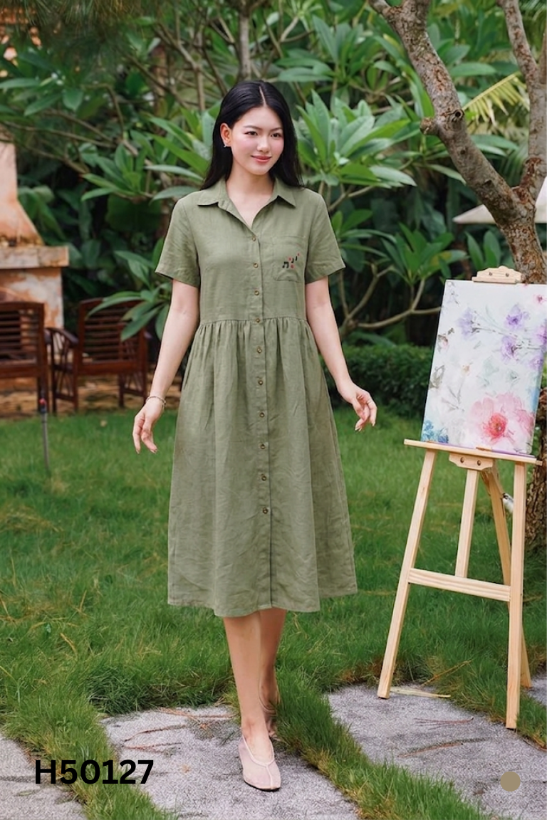 Váy đũi xanh GUMAC cổ sơ mi