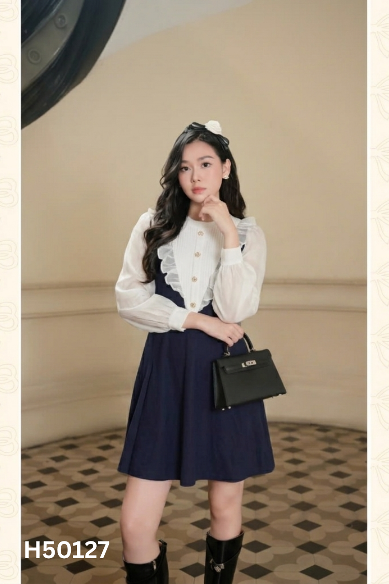 Váy xanh than phối tay voa trắng