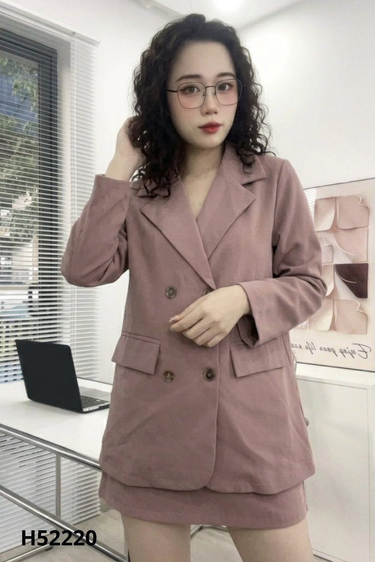 Set Áo khoác blazer nâu trơn + Chân váy chữ A