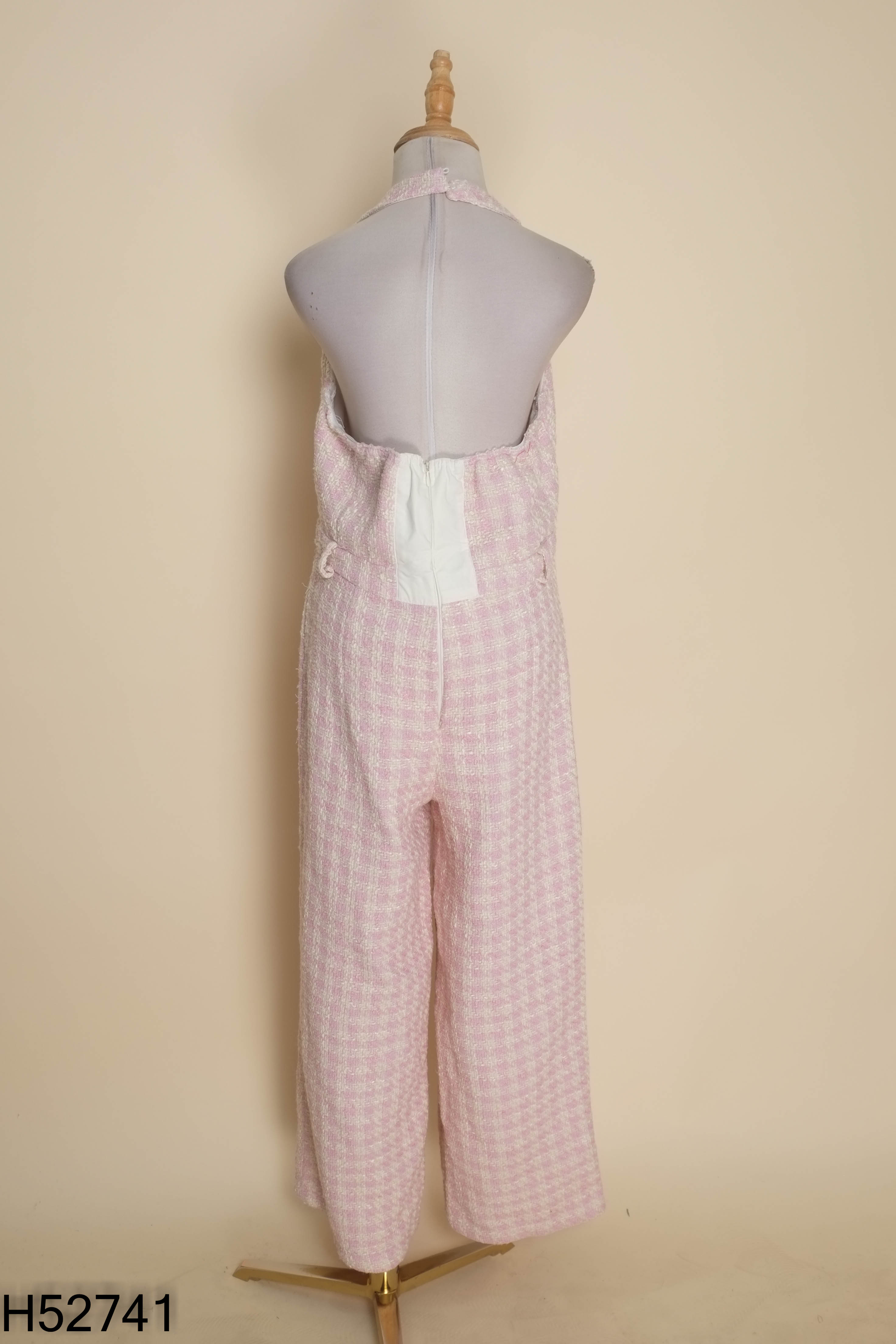 Jumpsuits len tweed hồng be CHOUCHOU cổ yếm