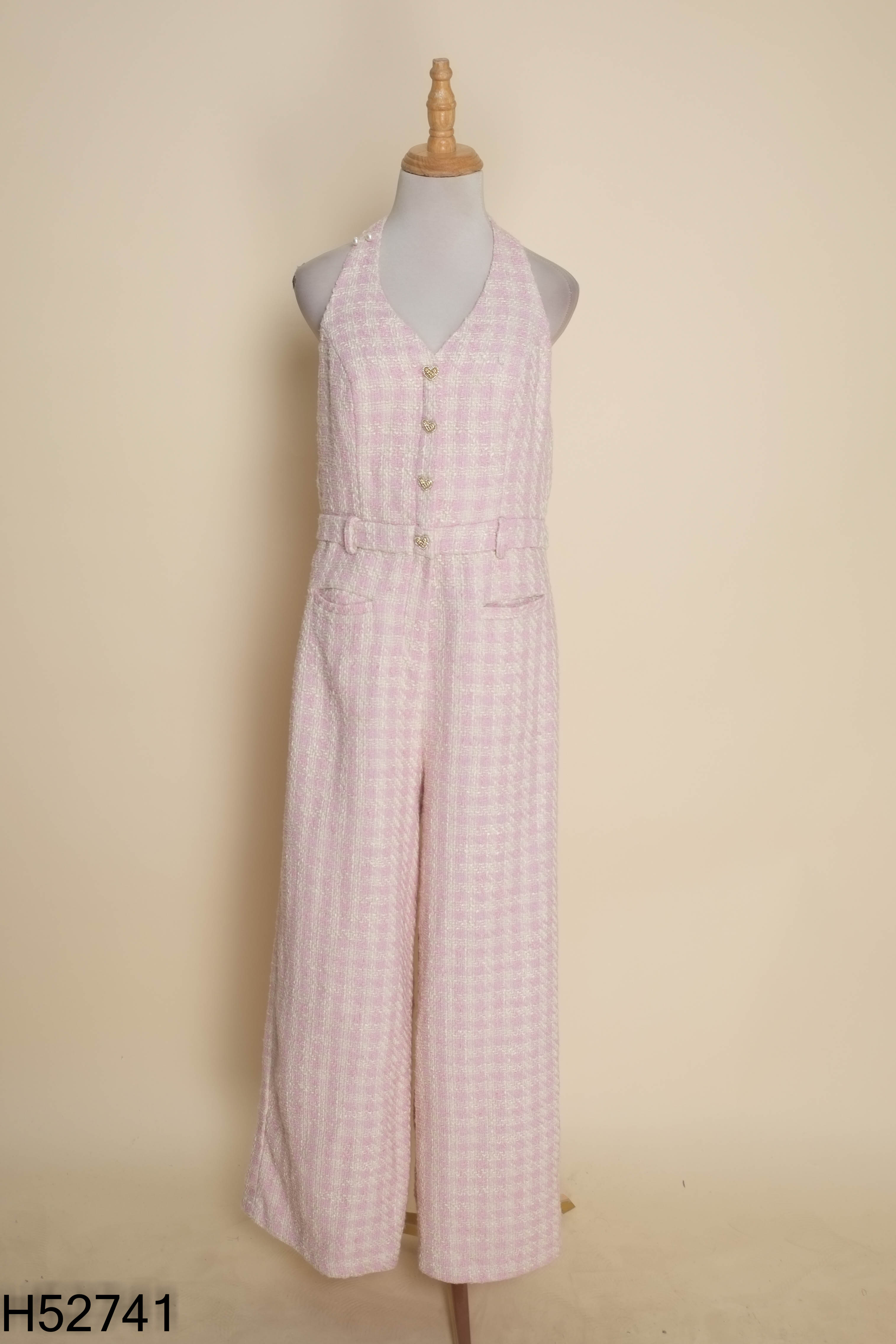 Jumpsuits len tweed hồng be CHOUCHOU cổ yếm