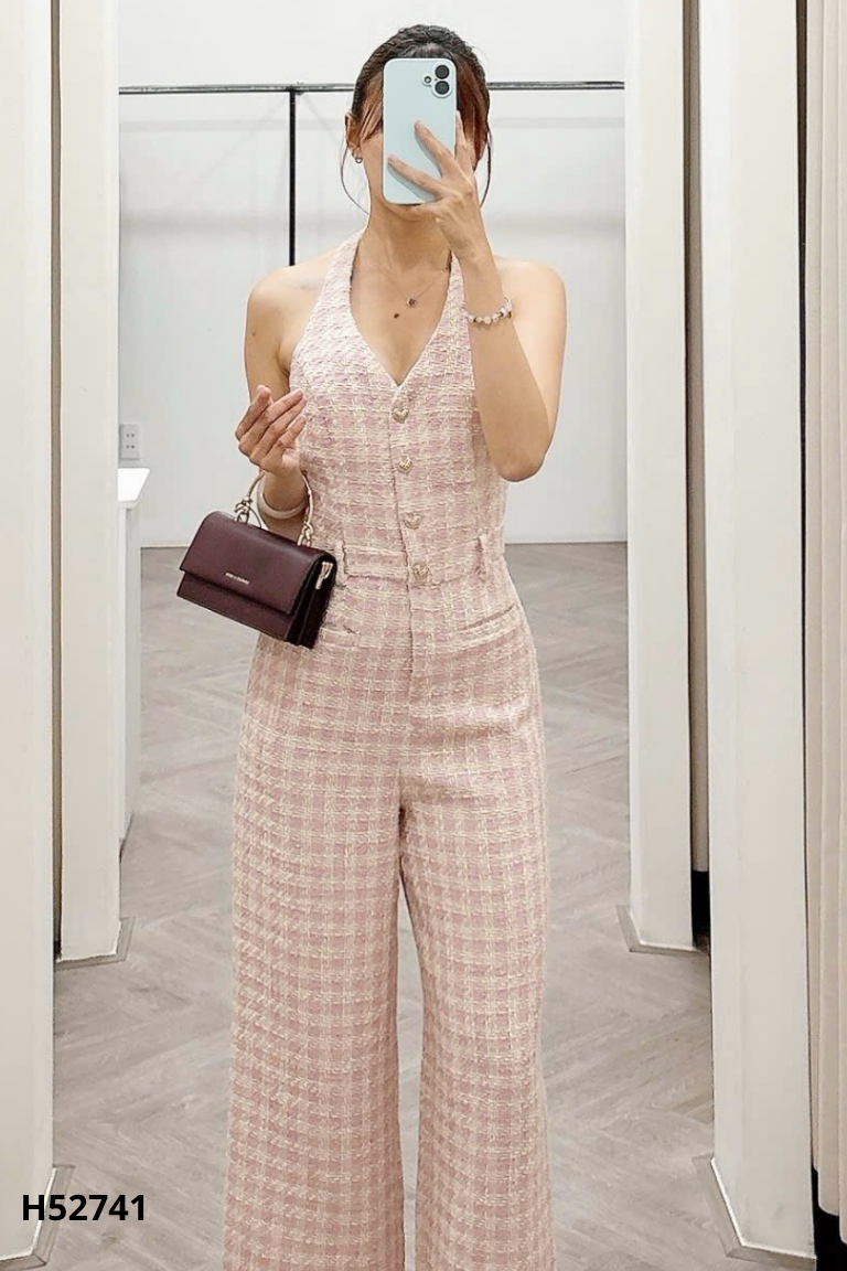Jumpsuits len tweed hồng be CHOUCHOU cổ yếm