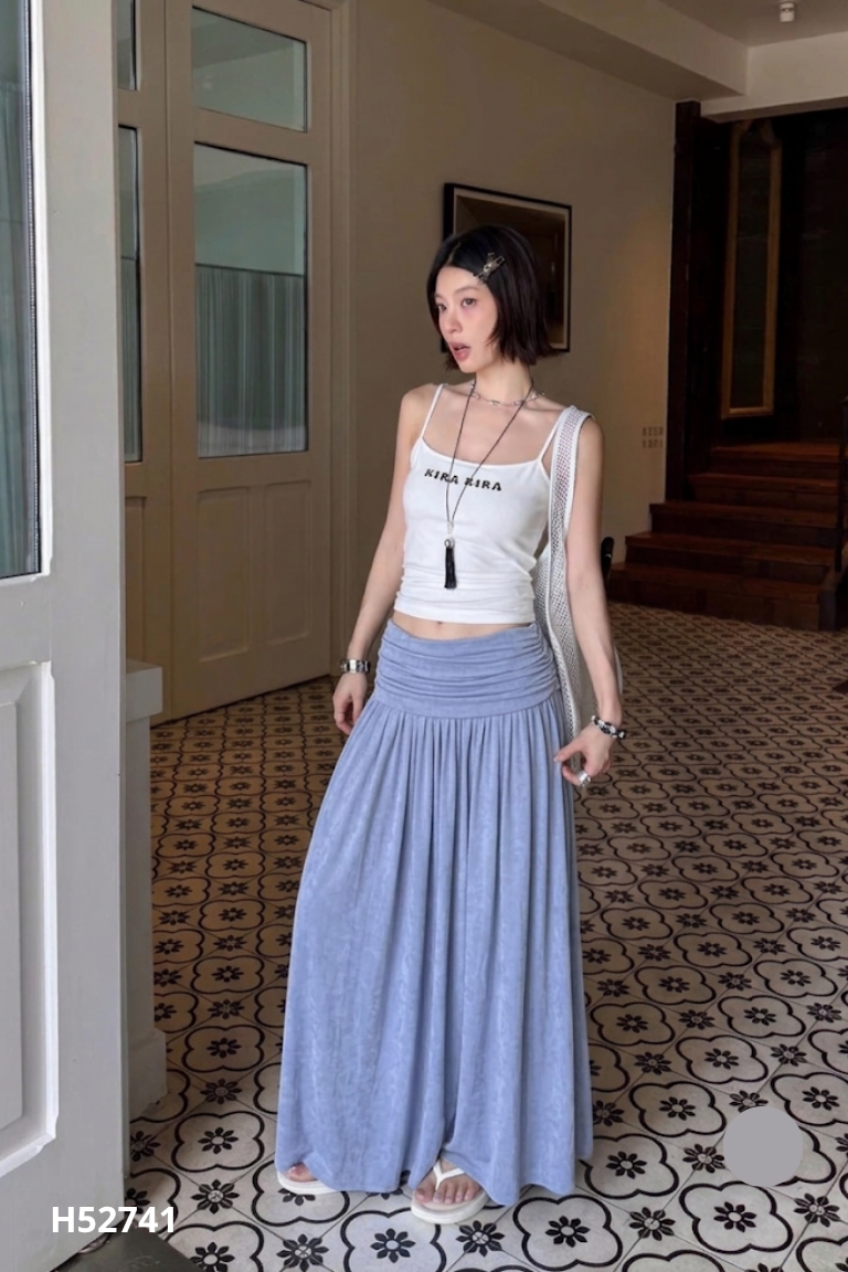 Chân váy xanh ánh phối kiểu nhún