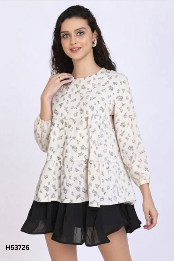 Set áo babydoll be họa tiết đen + chân váy đen
