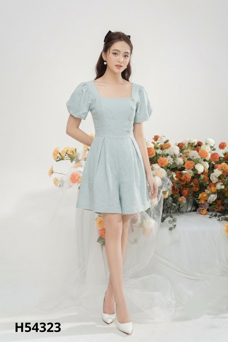 Váy xanh cổ vuông nhún lưng