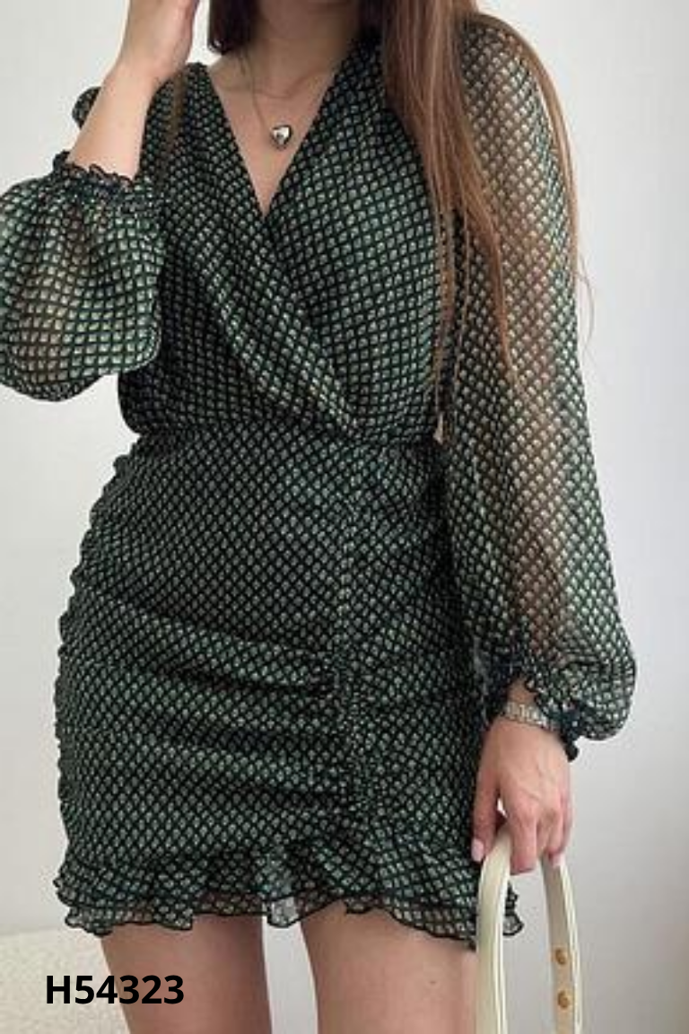 Váy xanh INDEFEIR họa tiết cổ chéo