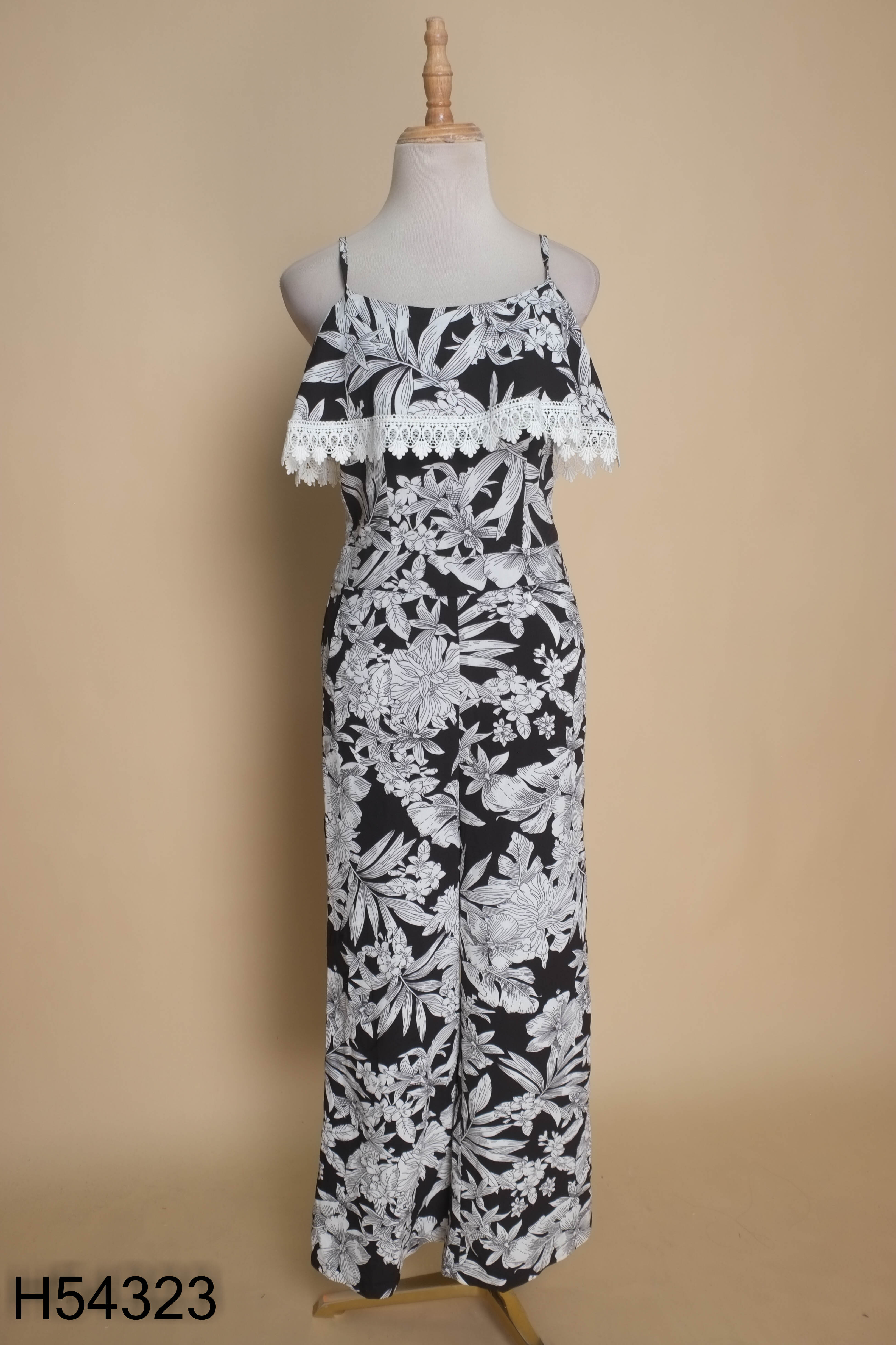 NEWTAG Jumpsuit hai dây đen họa tiết trắng MYC