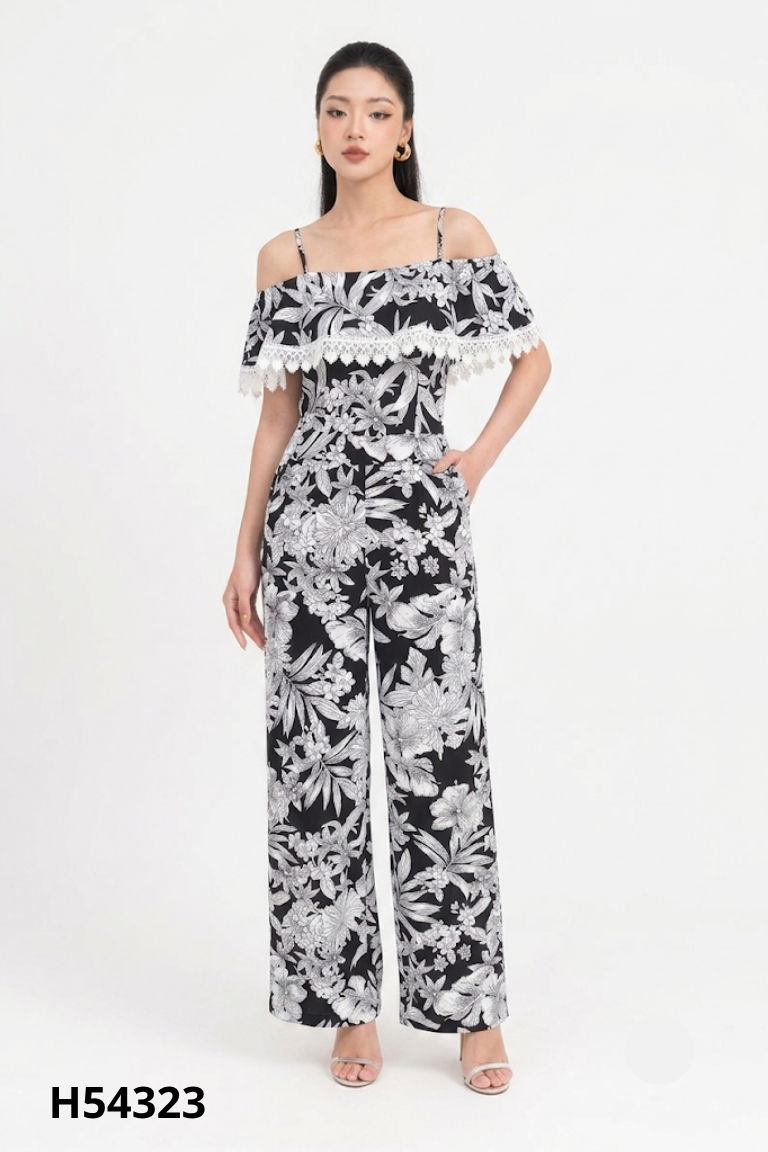 NEWTAG Jumpsuit hai dây đen họa tiết trắng MYC