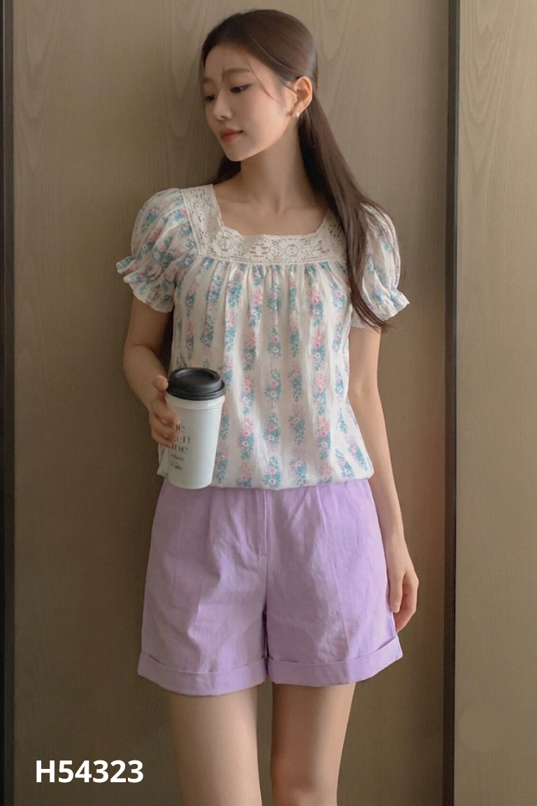 Set Áo babydoll vàng kem họa tiết + Quần short tím