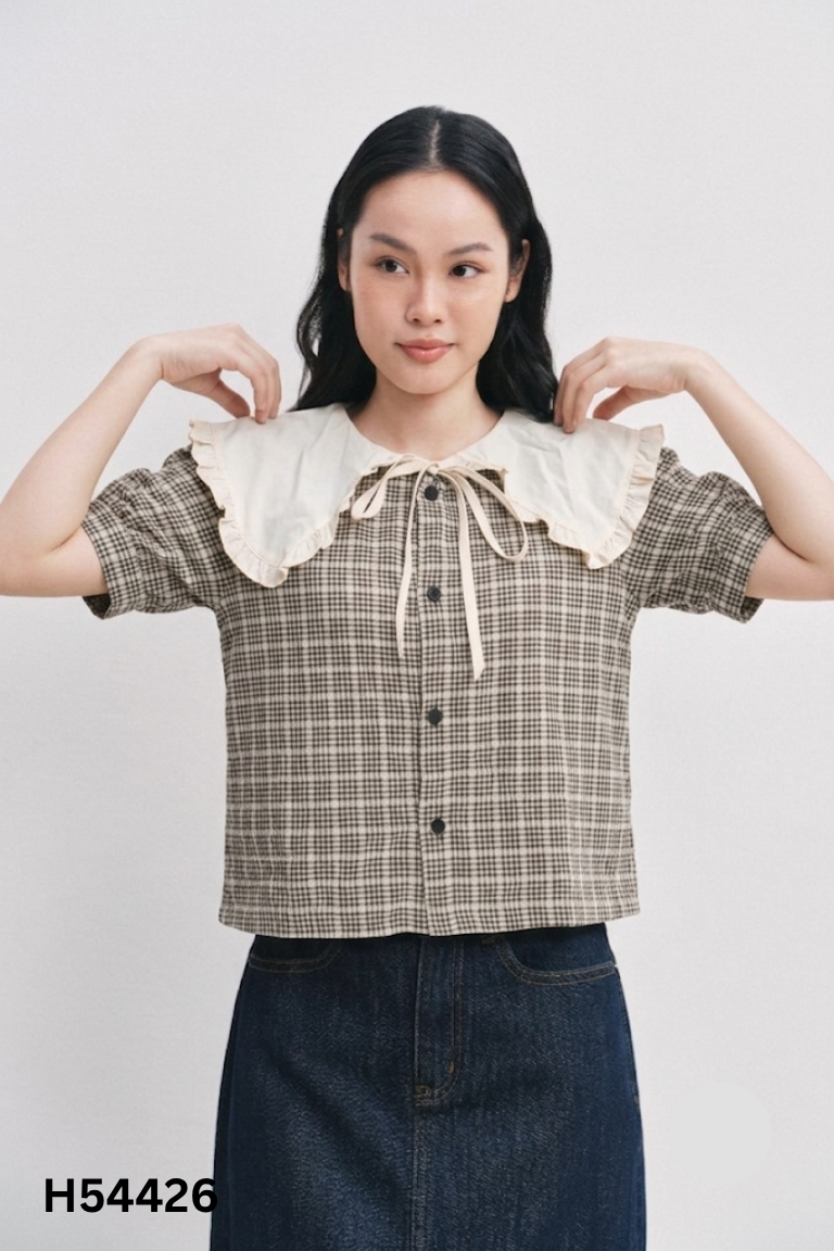 Áo be kẻ caro cổ sen
