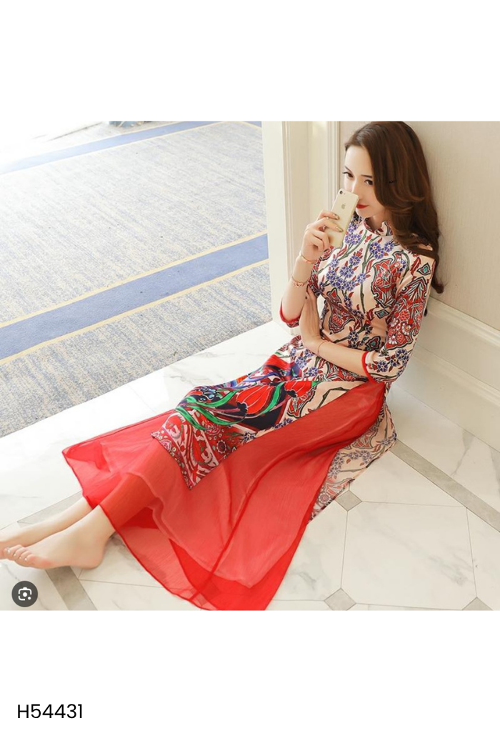 Áo dài hồng be họa tiết