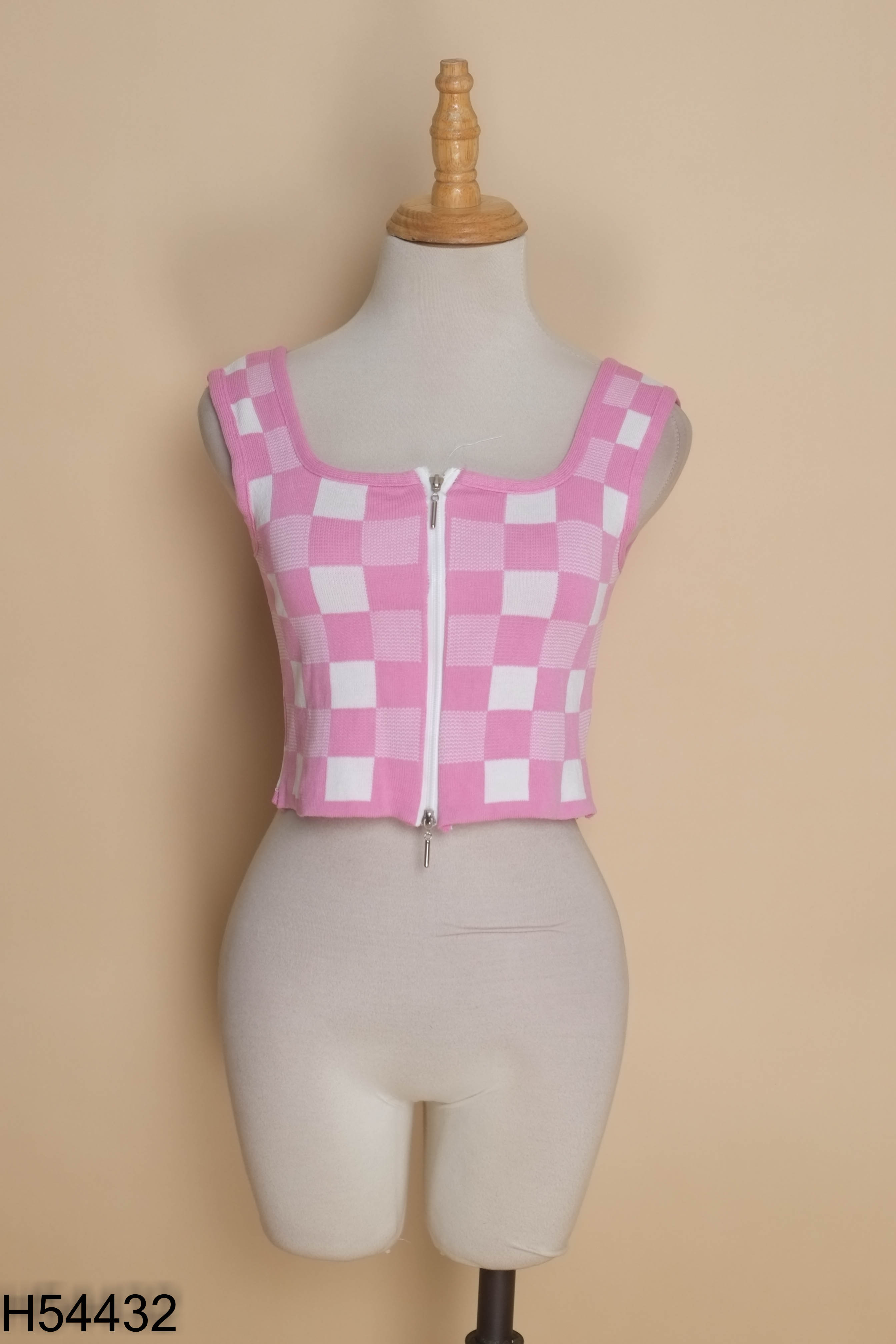 Áo croptop kẻ ô hồng kéo khóa