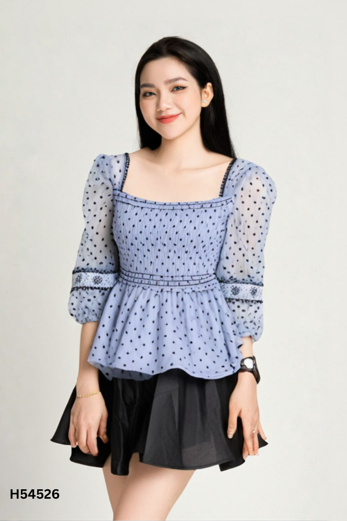 Set áo xanh chun ngực chấm bi + chân váy đen
